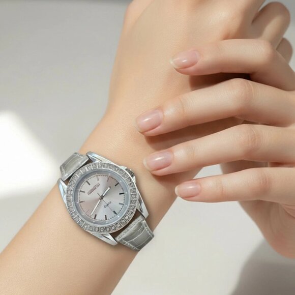 Croton Accessories - Croton Women Wristwatch Silver Leathe Strap Crystals Accent Bezel Wrist Watch